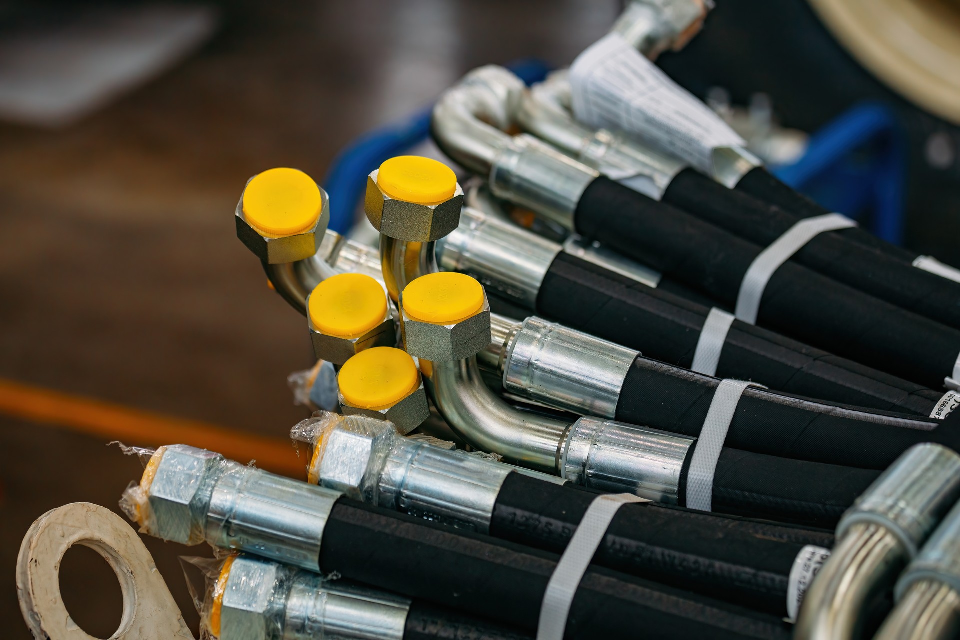 High pressure hydraulic hoses in warehouse